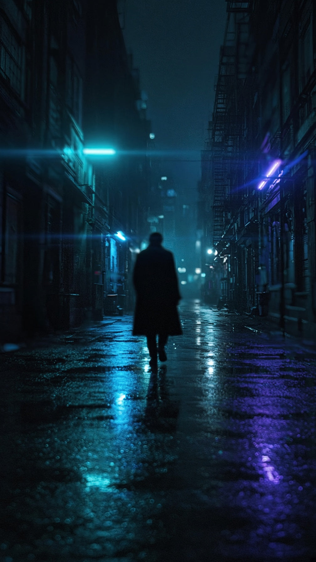 Fotograma cinematográfico de un callejón nocturno con neón, generado con IA