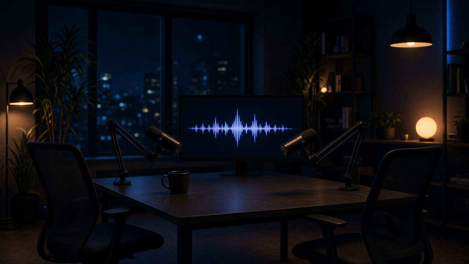 Estudio de video podcast con micrófonos y monitores, sin rostros en cámara