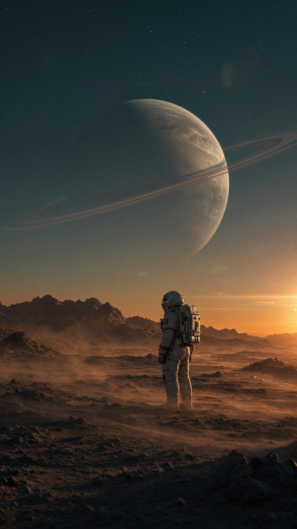 Fotograma cinematográfico de un astronauta en un desierto alienígena, generado con IA
