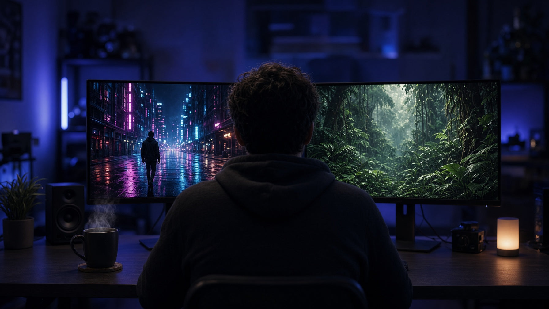 Creador faceless frente a monitores con tomas cinematográficas generadas con IA
