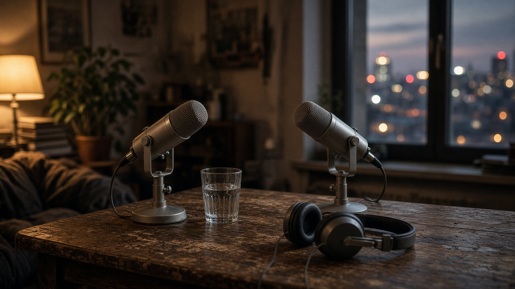 Estudio de video podcast con micrófonos y monitores, sin rostros en cámara